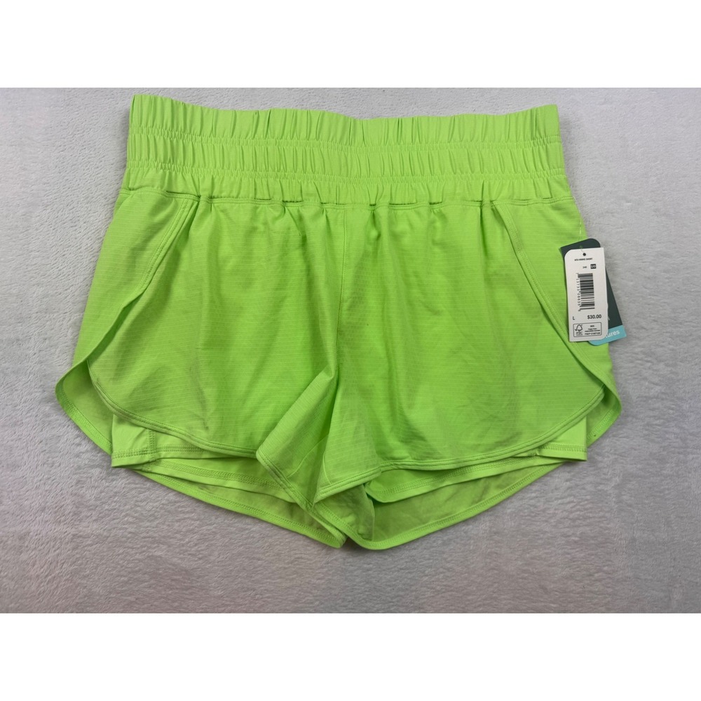 MTA Sport Womens Running Shorts Neon Lime Green Smocked Waist Gym Athletic Large